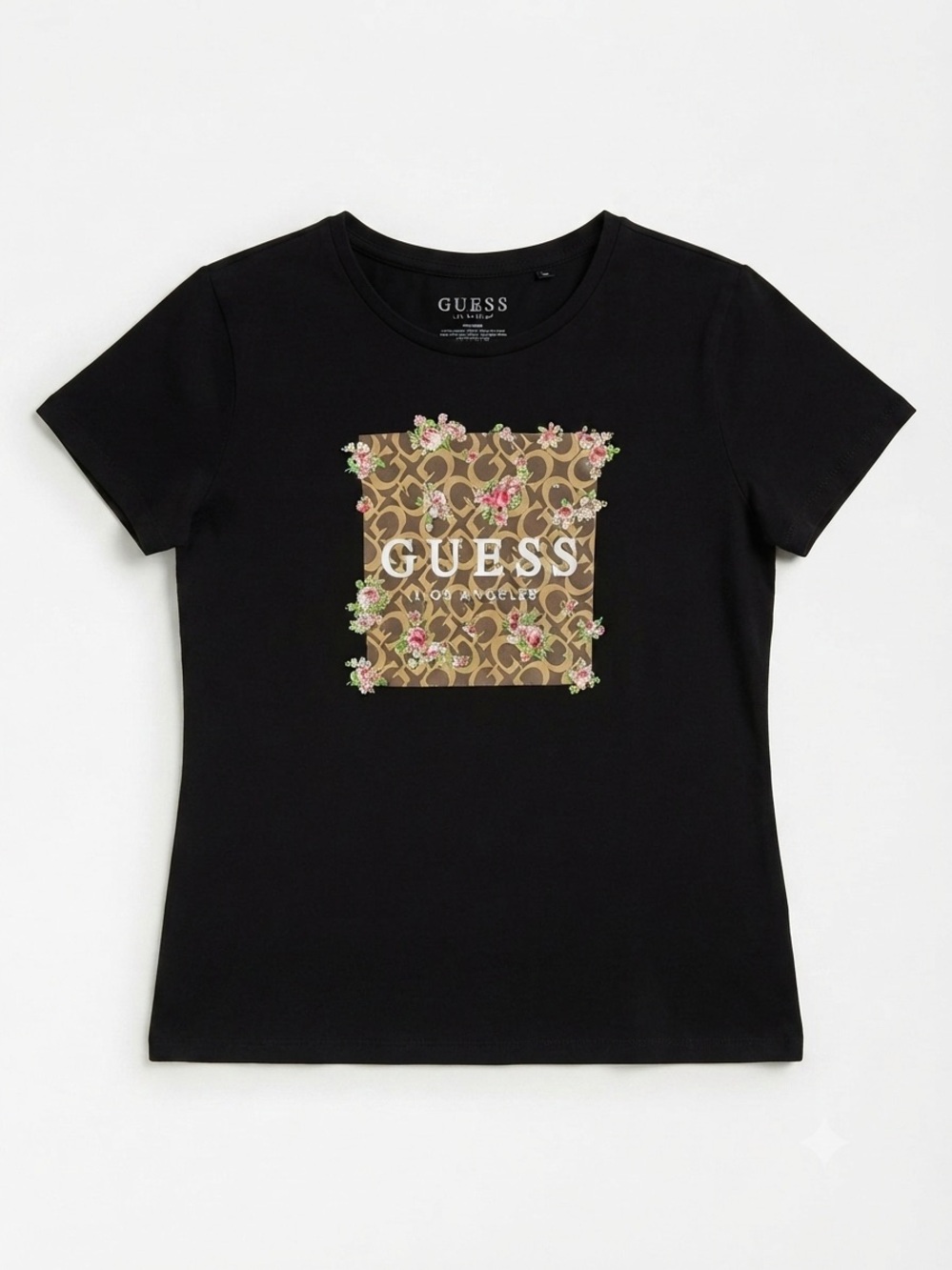 GUESS Black Short Sleeve Logo Tee with Floral Monogram
